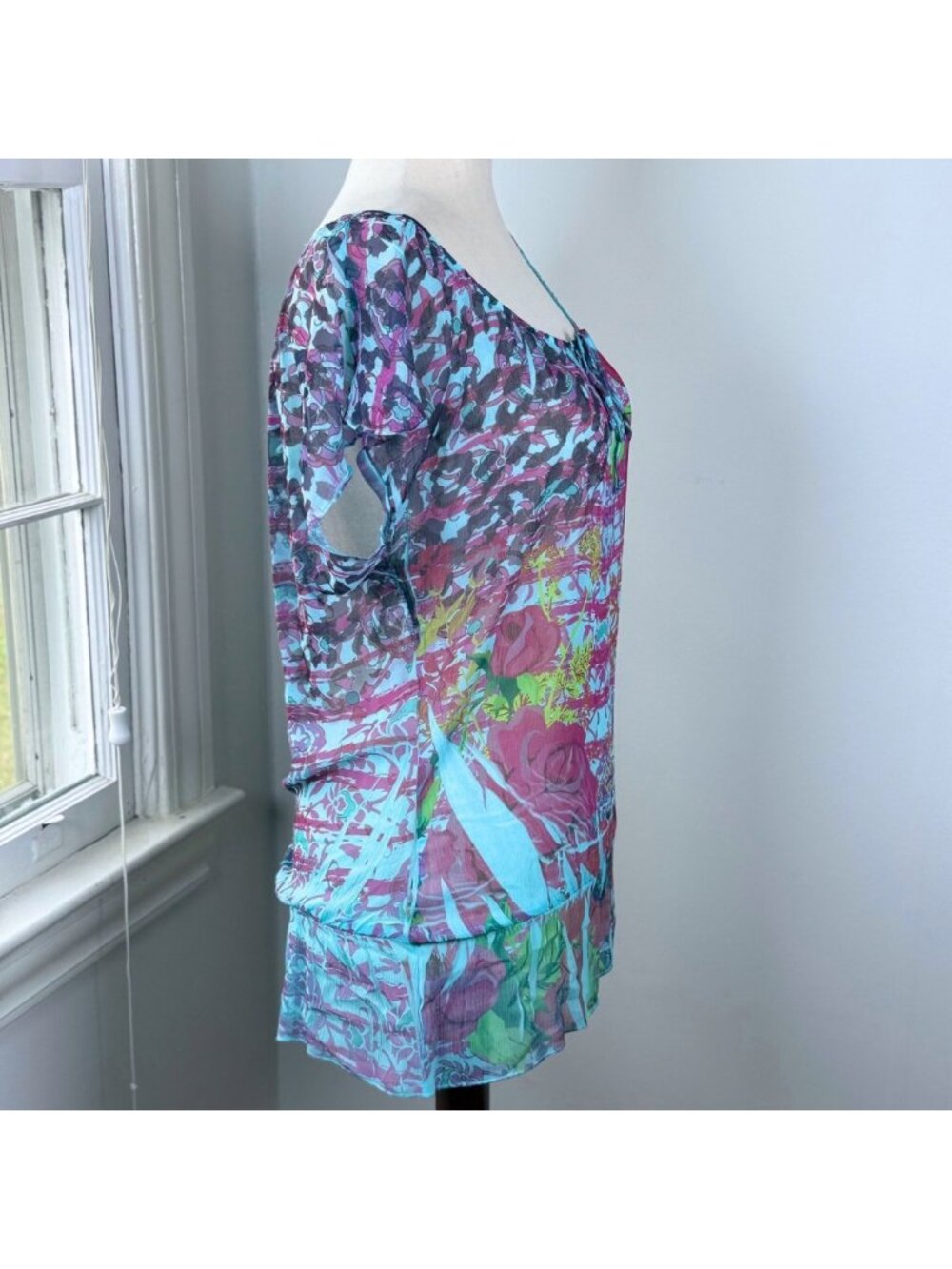 Vintage Y2K Rocker Girl Sheer Floral Tunic Top Keyhole Retro Gyaru Boho Fairy - Picture 6 of 9